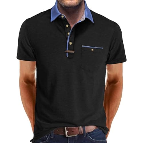 Image of Volemo Mens Polo Shirts Short Sleeve Cotton Polos with Pocket Casual Breathable Tops Regular Fit Black L
