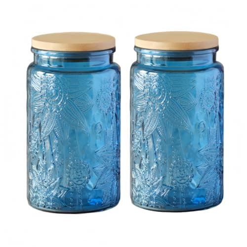 Image of ANSQU Blue Glass Jars, 1000ml Vintage Glass Kitchen Storage Counter Jar, Candy Jars with Lids, Decorative Mason Jars Hold Coffee Beans, Tea, Cookie, Sugar, Bath Salts (Blue, 2 Pack)