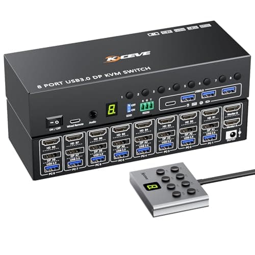 Image of 8 Port HDMI Displayport KVM Switch 2 Monitors 8 Computers 4K@60Hz EDID Simulation,8 PC Dual monitor KVM switch with 4 USB 3.0 Ports,Audio,RS232,with Wired Remote,12V Power Adapter and 8 USB Cable
