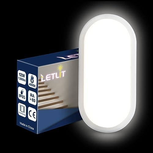 Image of Letlit 12W LED Wall Light Outside, IP54 Bathroom Bulkhead Light, LED Ceiling Light, 1200LM 4000K Porch Light for Indoor, Outdoor, Hallway, Cellar, Garden, Kitchen, Garage