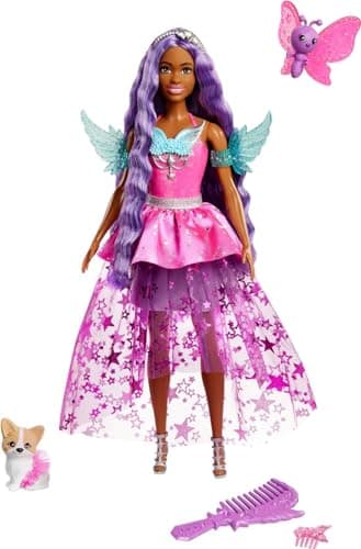Image of Barbie Doll with Two Fairytale Pets and Wing-Detailed Dress, Brooklyn” Doll From A Touch of Magic, 7-inch Long Fantasy Hair, HLC33