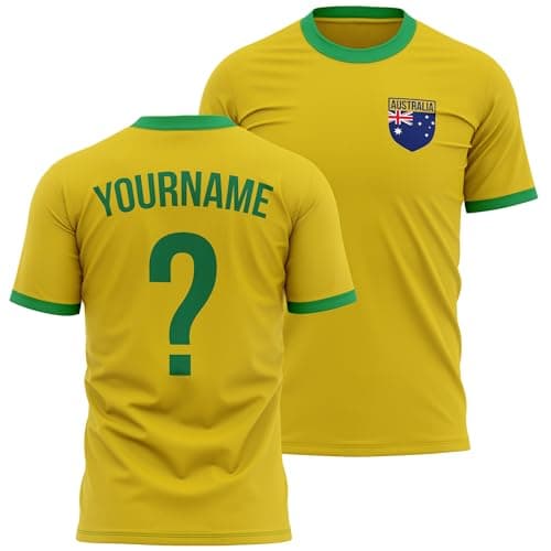 Image of Mens Australia Football T Shirt - Personalised Name Number Australian Team - Footie Aussie Supporters Fans Tee, L, Yellow/Green