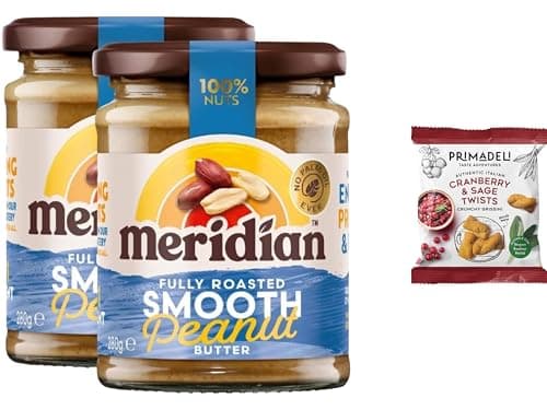 Image of Meridian Peanut Butter Smooth 280g (Pack of 2) + Primadeli Snack – 100% Roasted Peanuts, No Palm Oil, No Added Sugar or Salt, Vegan & Gluten Free – from SuperfoodUK