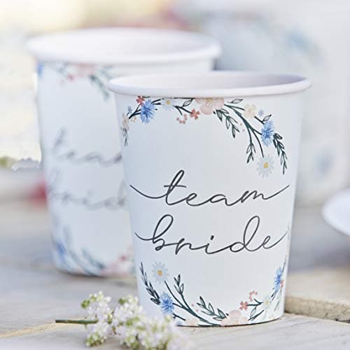 Image of Ginger Ray Hen Party Floral Printed 'Team Bride' Paper Party Cups 8 Pack