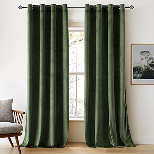 Image of Woaboy Velvet Curtains 90 Drop Olive Green Curtain for Living Room Thermal Blackout for Bedroom Luxury Eyelet Drapes Soft Window Treatment Insulated Soundproof & Room Darkening W 66 x L 90 2 Panels
