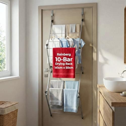 Image of Rainberg Over The Door Clothes Airer, Foldable 10-Bar Drying Rack, Easy to Pull and Open Clothe Airer indoor/Outdoor, Drying Rack with 4kg Washing Line Drying Space.