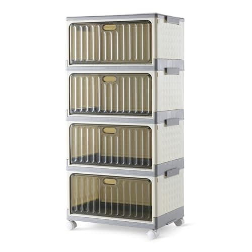 Image of Amazon Basics 4-Tier Stackable Storage Bins with Wheels, 21.7L per Tier, Collapsible Containers with Lids, 82.6 x 39.1 x 27.2 cm, Grey/Beige