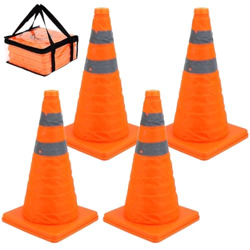 Image of QWORK® 4 Pcs 18" Collapsible Traffic Safety Cones, Reflective Safety Cone, Pop up Road Parking Cones for Emergency Warning