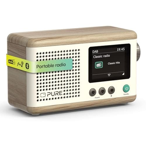 Image of Pure Classic Mini Portable Digital Radio - DAB+ & FM Radio - Bluetooth 5.3-15 Hours Battery Life - 2 Equalizer Options - 2.4 Inch Colour Display - Lanyard - Cotton White/Oak - Compact & Lightweight