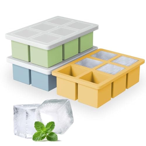 Image of Large Silicone Ice Cube Tray 3Pack, SAWNZC Big Square Ice Cube Molds for Whisky Cocktail, Ice Maker Tray with Lid for Freezer, Easy Release (3, Blue-Green-Yellow)