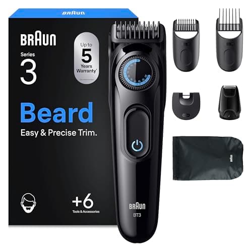 Image of Braun Series 3 Beard Trimmer for Men, 6-in-1 Grooming Kit, Ultra-Sharp Blades, 40 Precision Lengths, 50 Min Cordless, BT3565 Black/Blue