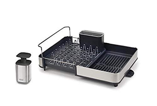 Image of Joseph Joseph Rethink Your Sink - 2-piece Sink Organisation Set, Stainless Steel, Extendable Dish Drainer Rack with Draining Spout and Chopping Board Rail, includes Hygienic Soap Dispenser