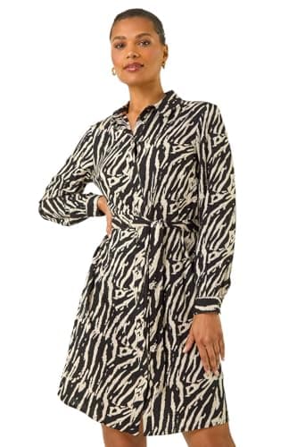 Image of Roman Originals Shirt Dress for Women UK- Ladies Long Sleeve Belted Collared Midi Maxi Winter Autumn Smart Casual Button Through Evening Office A Line Swing Skater - Animal Noir - Size 20