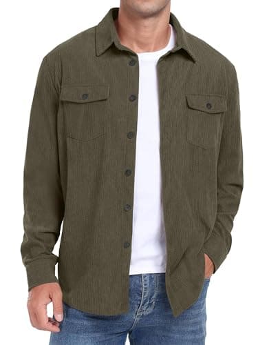 Image of QIXING Men's Corduroy Button Down Shirts Long Sleeve Shacket Trucker Jacket Autumn Winter Coats with Flap Pockets (Army Green, L)