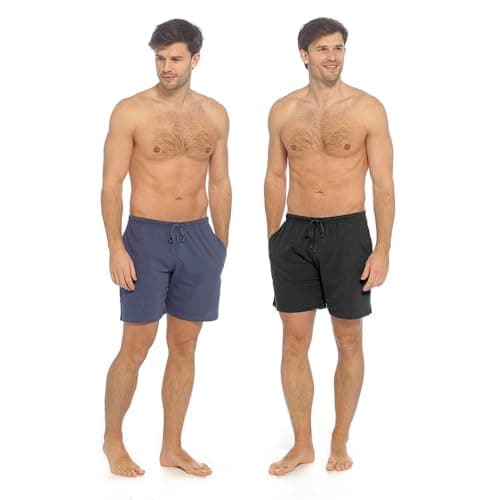 Image of GM Apparel Mens Pyjama Shorts 2 Pack - Soft Jersey Cotton Lounge & Sleep Shorts, Elastic Waist with Drawstring, Pockets Breathable, Summer Nightwear - Twin Pack (Dark Blue/Black, XL)