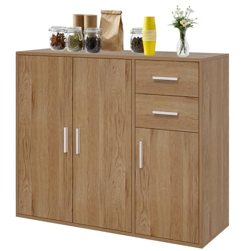 Image of Panana Sideboard Storage Cupboard Cabinet Unit with Doors and Drawers Living Room Bedroom Furniture (Oak)