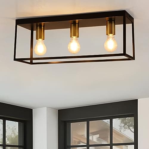 Image of FORCOSO 3 Lights Black Ceiling Lights, Flush Mount Modern Industrial Ceiling Light E27, LED Metal Cage Ceiling Light Fixture for Bedroom Living Room Kitchen Hallway Staircase max.60W - NO Bulb