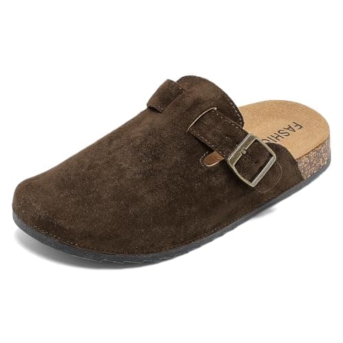 Image of Suede Clogs Women Leather Mules Men Soft Cork Footbed Adjustable Buckle with Arch Support Closed Toe Sandals Potato Shoes Anti Slip Unisex Dark Brown