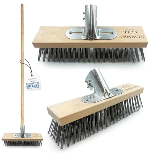 Image of Newman and Cole Wire Broom Head and Handle - 12" Stiff Metal Bristle Deck Scrub Brush for Heavy Duty Removal of Weed Moss & Algae on Patio (Head and Handle)