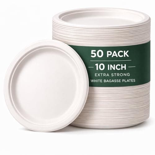 Image of 1ABOVE 50 Pack Extra Strong White Disposable Bagasse Plates, 100% Compostable and Biodegradable, Made from Sugarcane Fibre, Perfect for BBQ, Wedding, Office, Picnics and Parties (10 INCH)