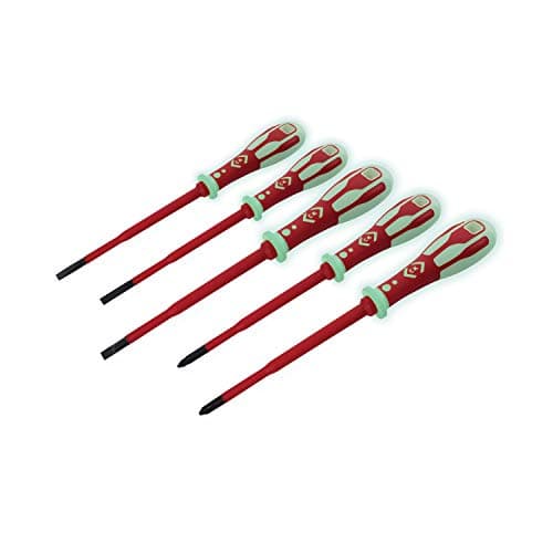 Image of C.K Dextro VDE Slim GLO Set of 5 Phosphorescent Screwdrivers SLP & PZ, Glow in the Dark Thin Slotted Pozidriv PZ1 PZ2 SL, Electricians Insulated Screwdriver Sets, Electrical Terminal Tools T49283PD