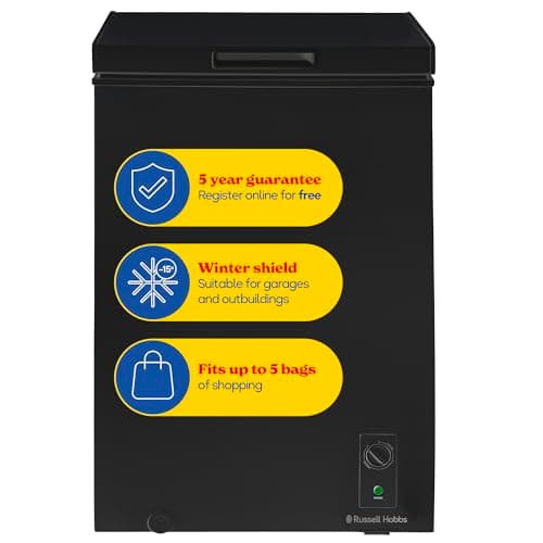 Image of Russell Hobbs Black Chest Freezer 99L Freestanding with Adjustable Thermostat & Feet, Chill or Freeze Function, 4 Star Freezer Rating & Suitable for Outbuildings & Garages RH99CF0E1B