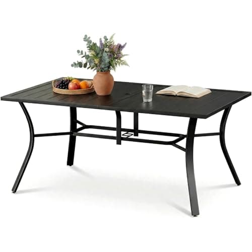 Image of Clevich Garden Table with Parasol Hole 160 x 96cm for 6 People, Outdoor Patio Table with Rustproof Steel Frame, Slatted Tabletop & Non-slip Foot Pads, Square Dining Table for Backyard/Patio/Terrace