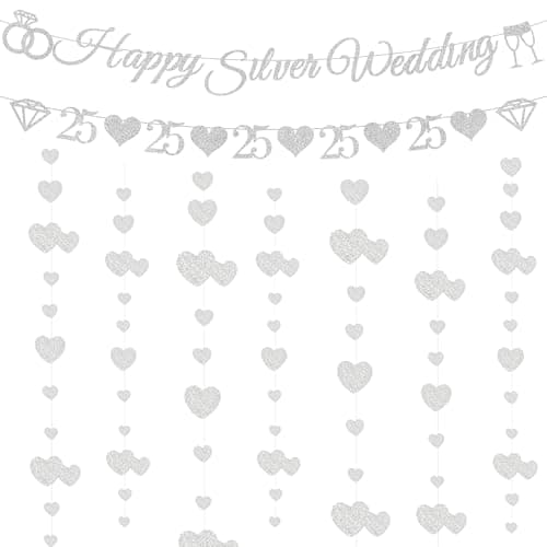 Image of Happy 25th Wedding Anniversary Decorations - Silver Wedding Banner with Diamond and Number 25 Bunting, Glitter Hearts Garland 25th Silver Anniversary Party Supplies