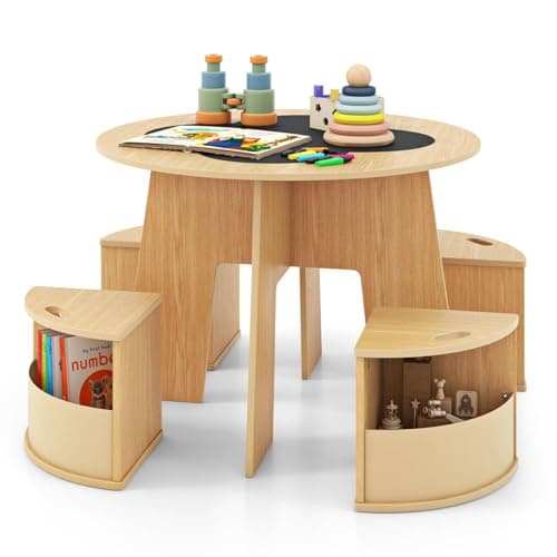 Image of GYMAX Kids Table with 4 Chairs, Children Activity Desk with 4 Storage Stools and Chalkboard Tabletop, 5-Piece Wooden Toddler Round Table Set for 3+ Years Old Boys Girls, 70x70x49cm (Natural)