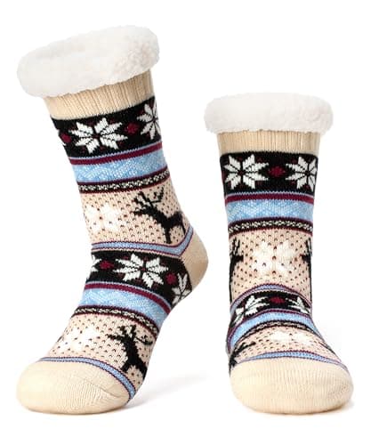 Image of The Metluks Women's Knit Slipper Socks with Non-slip Grippers, Warm Fuzzy Fluffy Sherpa Lined, Cozy Christmas Gifts, Cream Reindeer, L-x-L