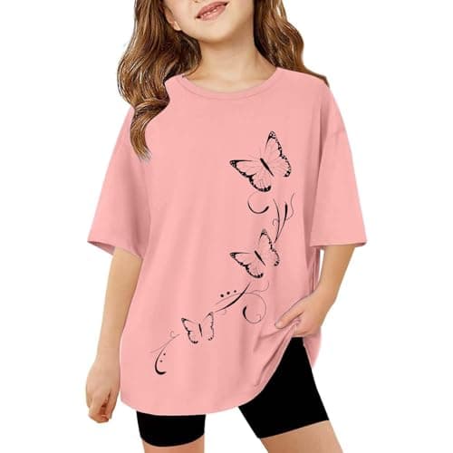 Image of Girls Butterfly T Shirts Kids Cute Graphic Tshirts Summer School Short Sleeve Athletic Tee Casual Oversized Pullover Tops Cotton Soft Loose Fit Sports Clothes (Pink, 9-10 Years)
