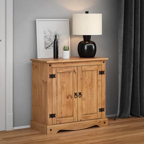 Image of Corona Solid Wood Pine 2 Door Cupboard Sideboard Cabinet Wooden Small Unit Chest Storage Living Room Lounge Hallway Kitchen Bedroom Mexican Style 73cm High 75cm Wide 36cm Deep