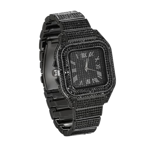 Image of genkigold Gold Diamond Watch for Men - 40mm Roman Numerals Square Dial - Rhodium Black Plated 22cm Strap - Japanese Quartz - Luxury Jewelry