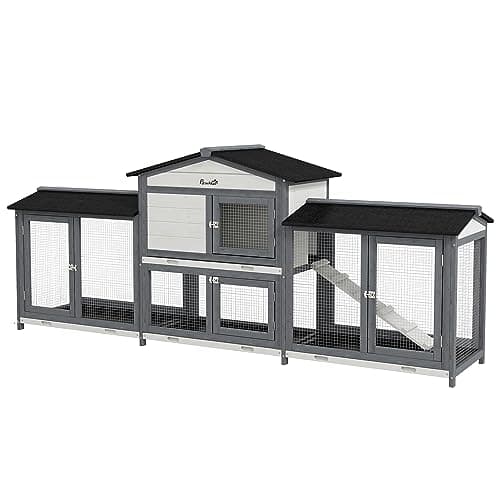 Image of PawHut Large Rabbit Hutch Outdoor, 2-Tier Guinea Pig Hutch, Wooden Bunny Run, Small Animal House with Double Side Run Boxes, No-leak Plastic Tray, Ramp, 230 x 53 x 93.5cm, Light Grey