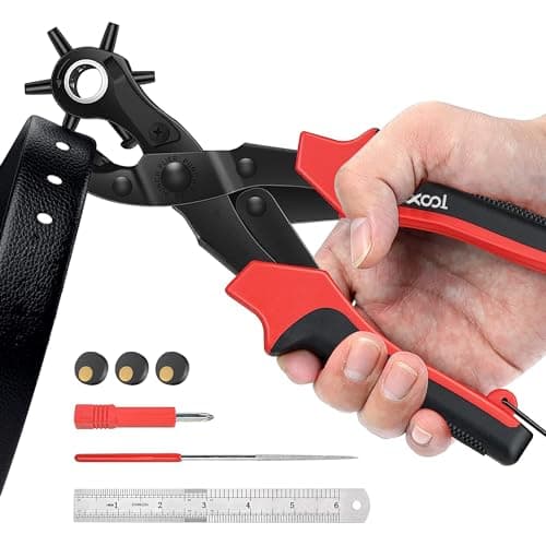 Image of XOOL Leather Hole Punch Plier, Heavy Duty Rotatable Belt Hole Puncher with 6 Different Sizes Used for Belt, Watch Belt, Belt, Shoes, Purses, Clothes, Cardboard, Paper, Hard PVC, etc