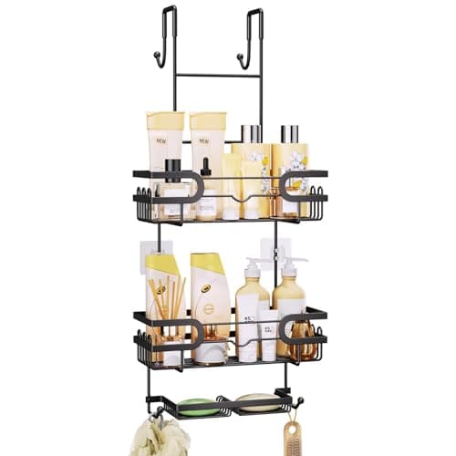 Image of SWTYMIKI Shower Caddy Hanging - 3 Tier Over Door Shower Shelf With 16 Hooks and 2 Soap Dish, Rustproof Hanging Shower Organiser, Bathroom Storage Rack No Drill for Shampoo and Razor Soap, Black