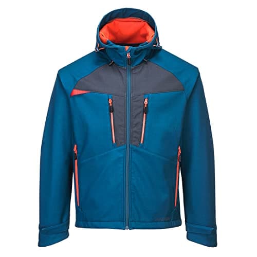 Image of Portwest DX474 DX4 Hooded Softshell Jacket Waterproof Windproof Breathable 4-Way Stretch Work Jacket with Pockets Adjustable Fit for Work and Outdoor, Metro Blue, L