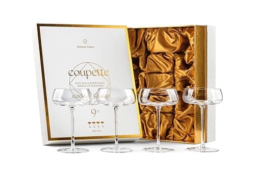 Image of GLASSIQUE CADEAU Crystal Cocktail and Champagne Coupette Glasses | Set of 4 | 260 ml Elegant Long Stemmed Coupe Glassware for Gimlet, Espresso Martini, Daiquiri, Cosmopolitan | Fancy Round Saucers
