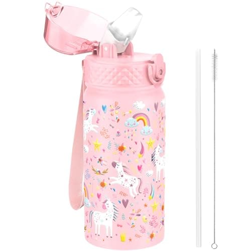 Image of GOPPUS 420ml/14oz Kids Insulated Water Bottle with Straw Cute Double Wall Stainless Steel Child's Small Flask Vacuum Insulated Steel Metal Leak Proof Drink Flask Boys Toddler Girls Bottles BPA-Free