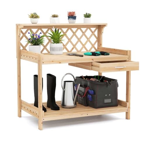 Image of COSTWAY Garden Potting Table, Wooden Planting Bench Table with Lattice Trellis, Removable Drawer, Top & Lower Shelf, Gardening Workbench Station for Outdoor Patio Courtyard