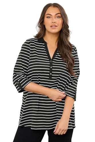 Image of EVANS Curve Stripe Pintuck Henley Top - Women's - Plus Size Curve Black