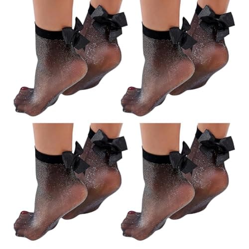 Image of JIHUOO 4 Pairs Glitter Sheer Ankle Socks with Bow Black Sparkly Dress Socks Metallic Shimmer Sock Short Crew Sock for Women