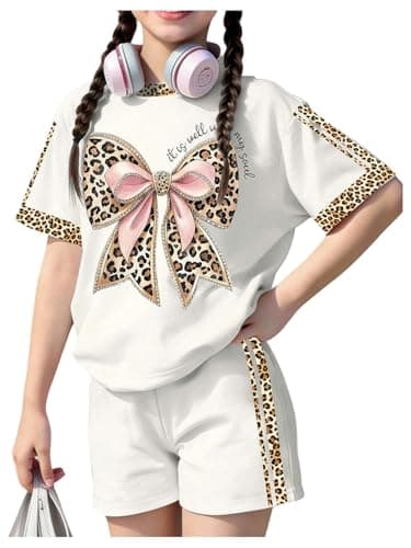 Image of GORGLITTER Girl's 2 Piece Y2k Outfits Leopard Bow Print Short Sleeve Tee Track Shorts Sets Summer Clothing Set Age 8-12 Years White 8Y