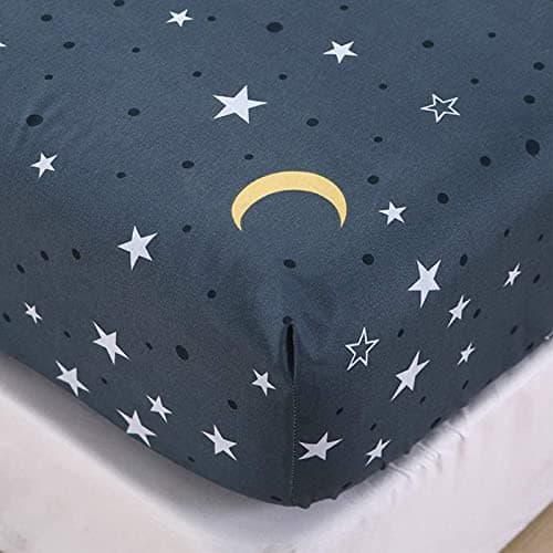 Image of Chickwin Single Bed Fitted Sheet -30cm Deep, Blue Moon Star Cartoon Fitted Sheets for Kids, Soft Brushed Microfiber Easy Care Fade Resistant Breathable Fitted Sheet (90x200cm)