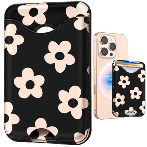 Image of Kokaade Compatible with Magsafe Wallet Magnetic Card Holder - Phone Wallets for Women Teen Girls Cute Black Flower Pattern for iPhone 16/15/14/13/12 Series Slim for Apple Mag RFID Magnet, Fit 3 Cards