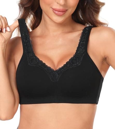 Image of Lemorosy Comfort Plus Size Women's Lace Cotton Bras Full Coverage Non-Foam Wireless Underwear(Black,50DD)