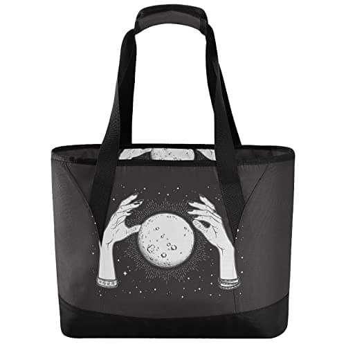 Image of Black White Full Moon with Rays in the Hands of Fortune Teller Shoulder Lunchbox Lunch Tote Bag, Lunch Box Portable Handbag,Zipper Insulated Cooler Thermal Reusable Bag for School Travel Work