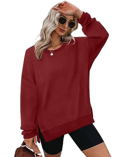 Image of Aokosor Sweatshirts for Women Oversized Christmas Jumpers Ladies Tops Crewneck Long Sleeve Tops Side Split Wine Red Size 22-24