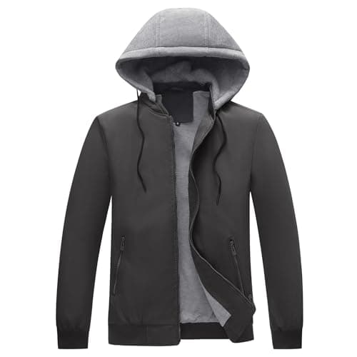 Image of KUDORO Men's Lightweight Jackets Zip Casual Windbreaker Spring and Autumn Short Coat with Detachable Hood（Black,2XL）