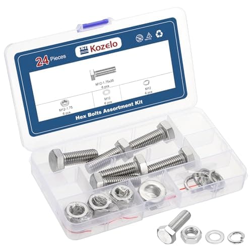 Image of Kozelo 24 Pcs Bolts and Nuts Washers Kit - [M12-1.75x35] 304 Stainless Steel Hex Tap Bolt Assortment Fully Threaded Hexagon Head Machine Bolts Right Hand External Hex Drive, Silver Tone